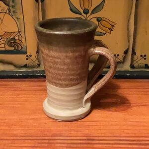 Handcrafted Double Handle Ceramic Mug - Brown and Cream